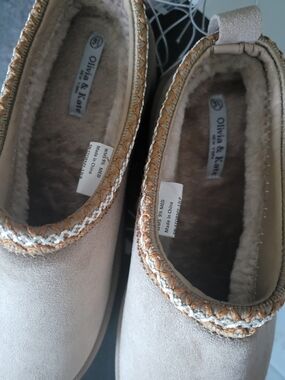 Olivia & Kate Taupe Slip-On Faux Suede Slippers with Braided Trim